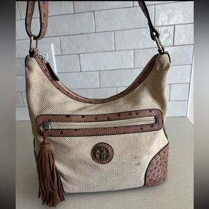 Giani Bernini Embossed Vegan Ostrich Leather Canvas Hobo Shoulder Bag Purse Tan